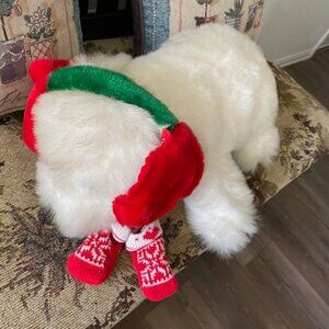 PLUSH FACTORY * Large WHITE Fluffy STUFFED DOG Winter RED EAR MUFFS & MITTENS
